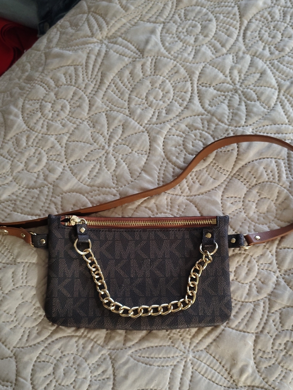 Michael Kors Brown Logo Belt Bag with Gold Chain Accent Bundle Of (2)